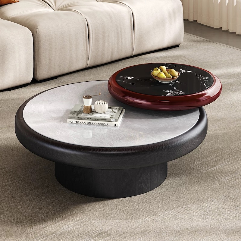 43" Round Coffee Table,Rotatable Faux Marble Table top, White