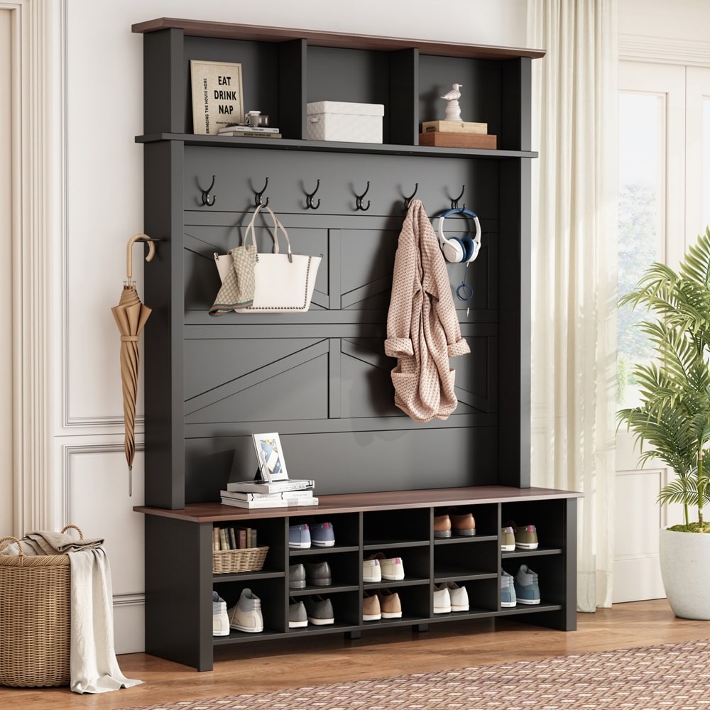 Farmhouse 4-in-1 Hall Tree with 6 Hooks, Walnut Entryway Bench with Shelves