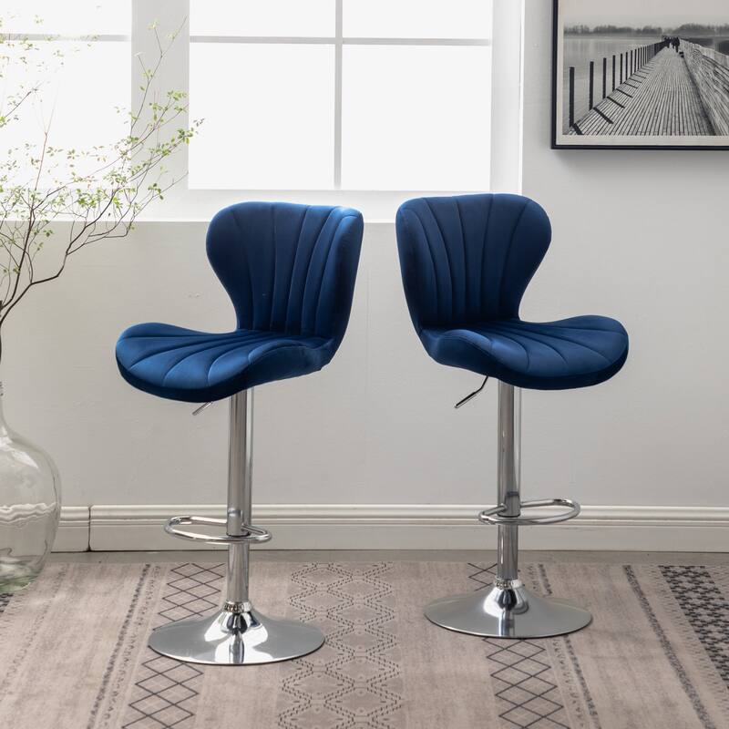 Set of 2 Adjustable Swivel Barstools with Upholstered Bucket Seats and Chrome Footrest.
