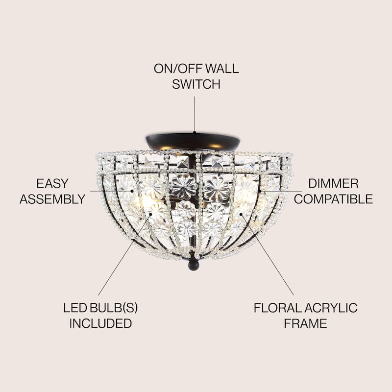 Leila 12" Crystal Flower Metal/Acrylic LED Semi-Flush Mount, Black/Clear by JONATHAN Y