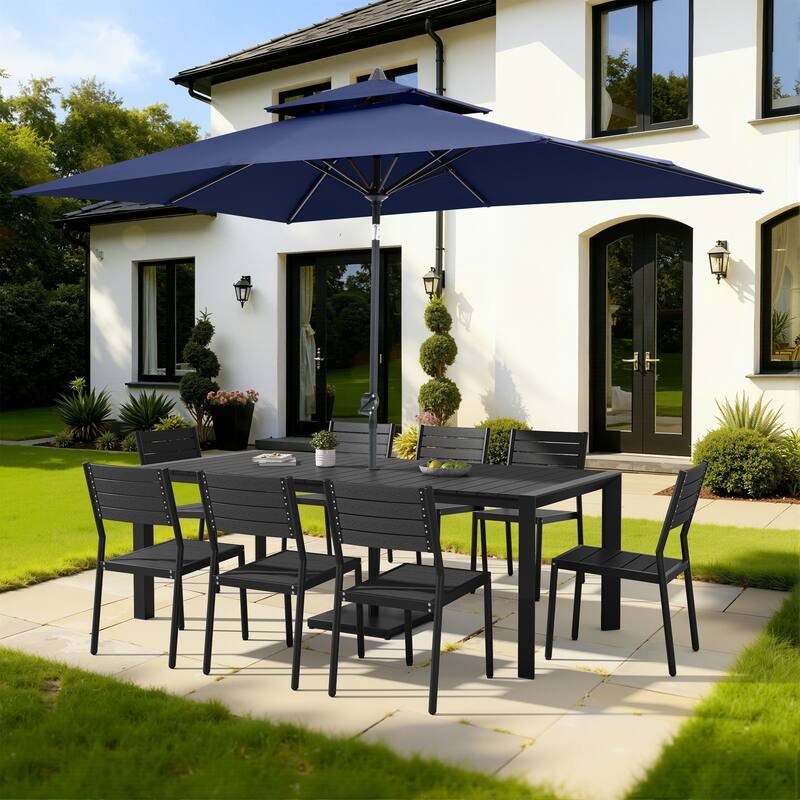 9/11-Piece Outdoor Dining Set w/10 ft Umbrella and Base Aluminum Dining Table and Stackable Chairs - Set of 11 - Black Table with Navy Blue Umbrella