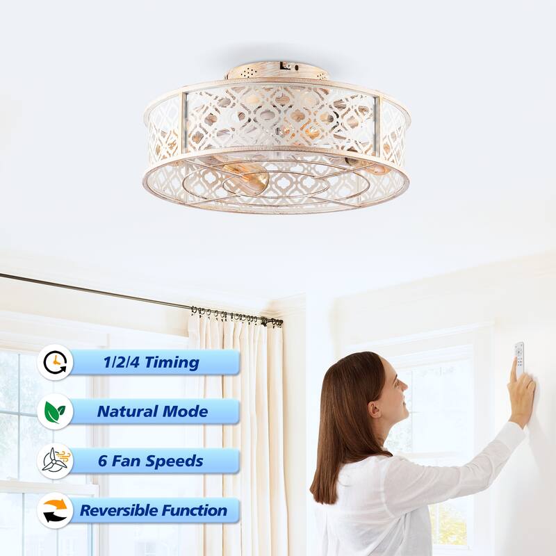 20 inch Flush Mount Ceiling Fan Light with Remote Caged Farmhouse Fandelier Black Wood Low Profile