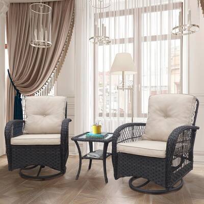Outdoor Wicker Rocker Swivel Patio Bistro Set,Rocking Chair with Glass Top Side Table,3 Pieces Conversation Set