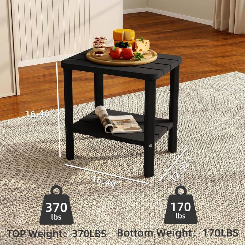 Outdoor Side Table & End Table, 2-Tier Waterproof Resin Patio Table, Square End Table with Shelf for Porch, Balcony, Garden
