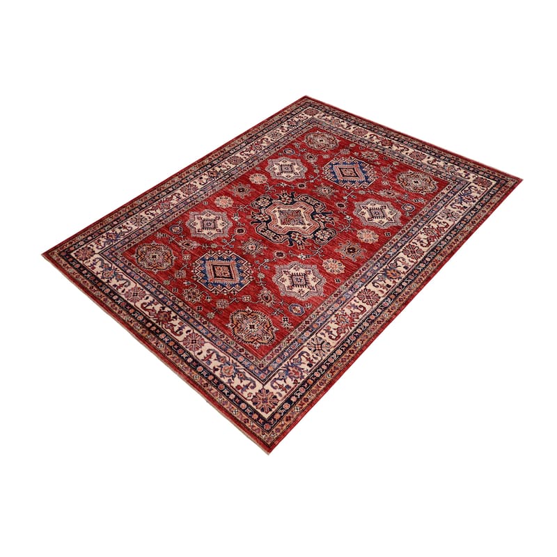 Caucasian Super Kazak Luna Red/Beige Hand Knotted Wool Rug - 5'9'' x 7'9''