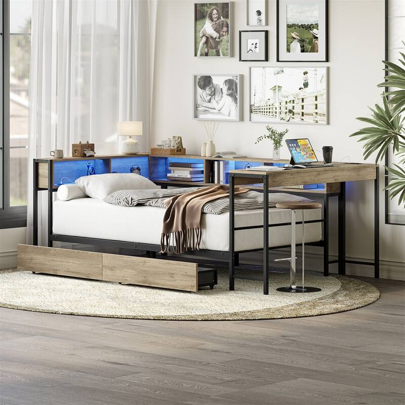 Corner Bed Frame Full Size with 2 Underbed Storage Drawers, LED Light & Charging Station
