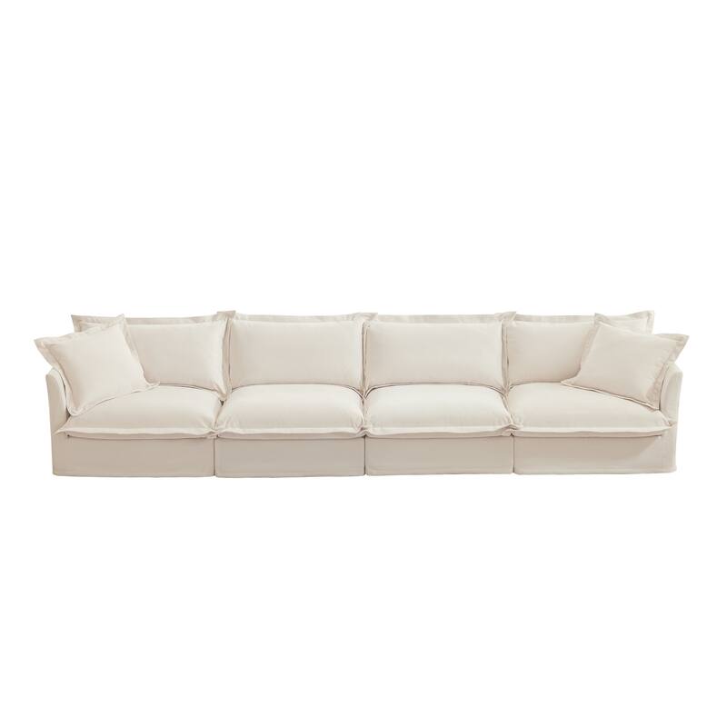 Modern 4 Seater Upholstered Sofa with 2 Pillows - Cream,Chenille
