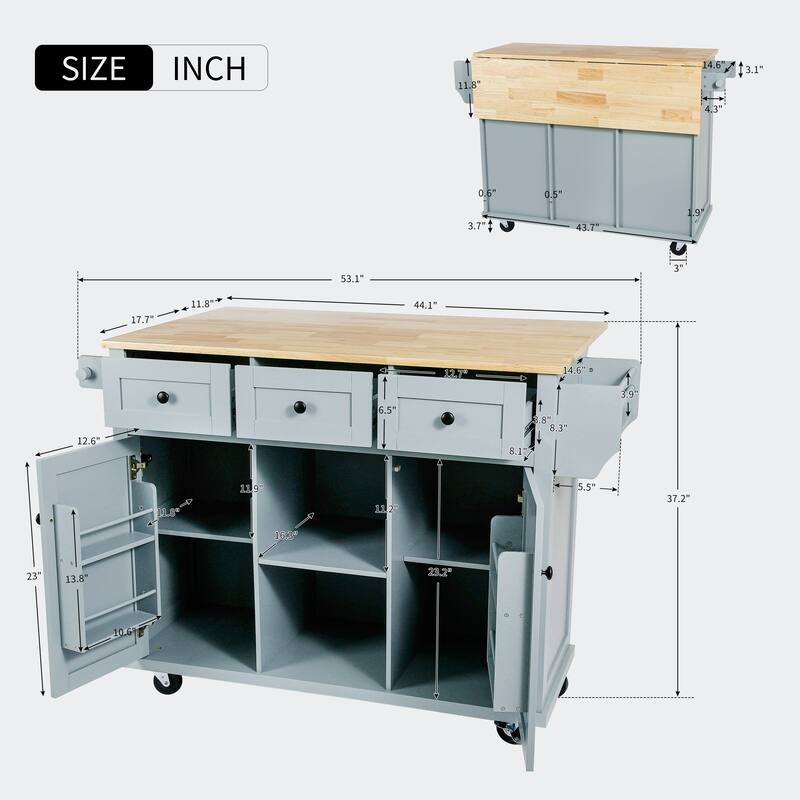 Kitchen Cart with Rubber wood Drop-Leaf Countertop