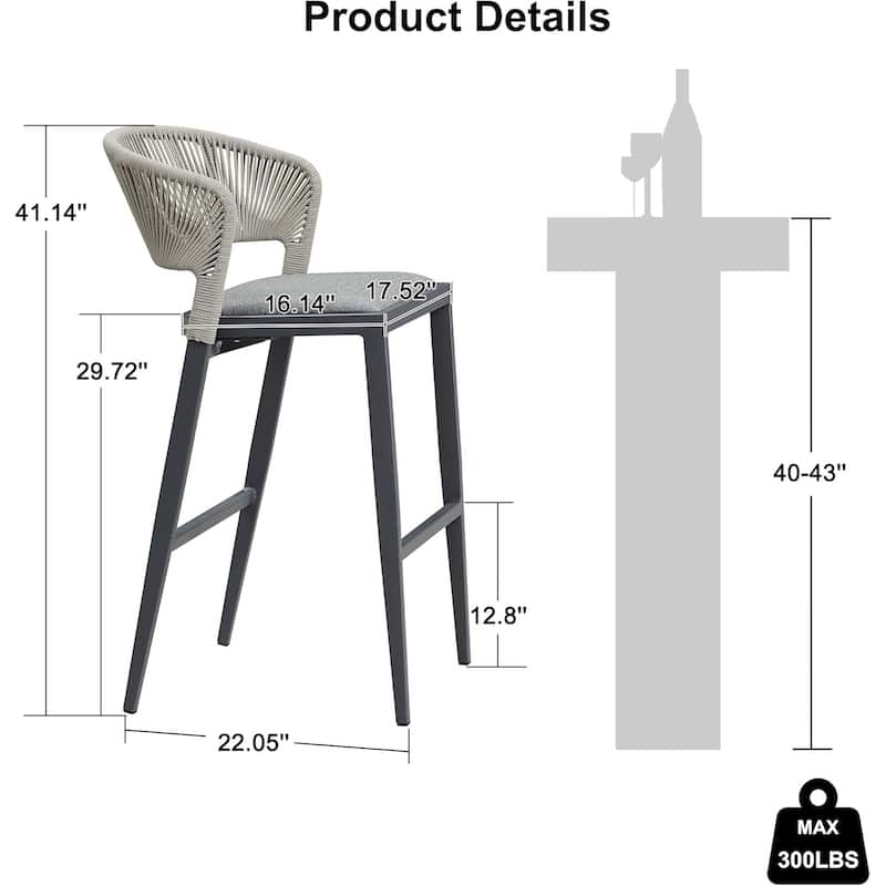 PURPLE LEAF Bar Stool Set of 2 Outdoor Rattan Bar Chair with Back Metal Bar Height Stool Wicker Barstool Dark Grey - N/A