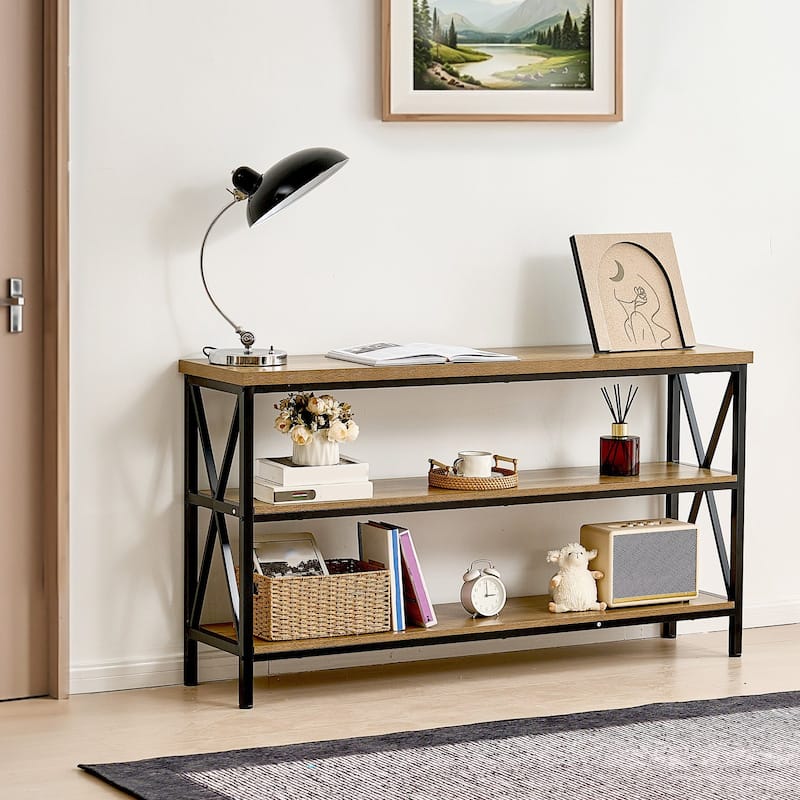 Brown Black MDF Metal Console Table, 3-Tier Long Hallway Table 240 lbs Top Load Capacity - 55.1” L x 13.4” W x 30.0” H