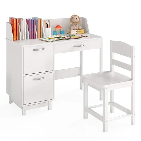 slide 2 of 9, Gymax Kids Study Desk & Chair Set w/Chair 2 Storage Cabinets Drawer 4 Dark Brown