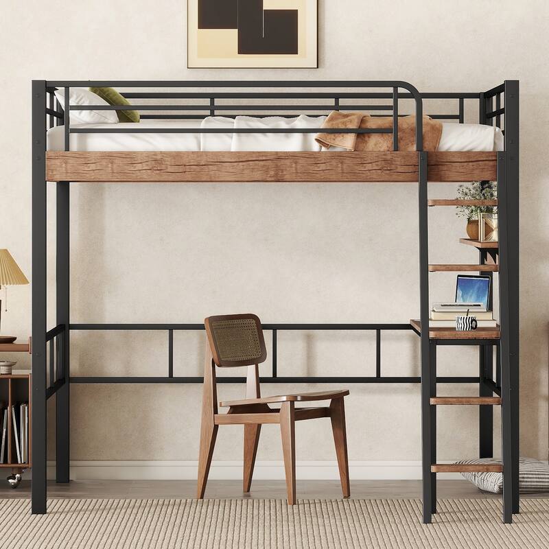 Metal Full Size Loft Bed with Builtin Desk, Storage Shelf and Ladder
