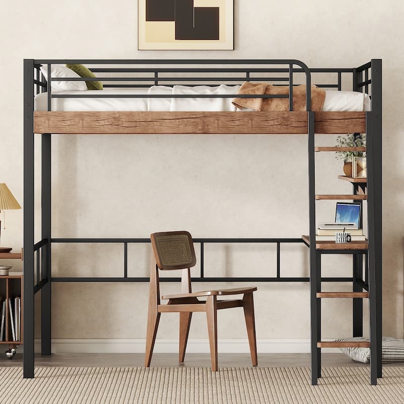 Roomfitters Twin/Full Metal Loft Bed with Built-in Desk, Ladder and Wall-Mounted Storage Shelf, Black