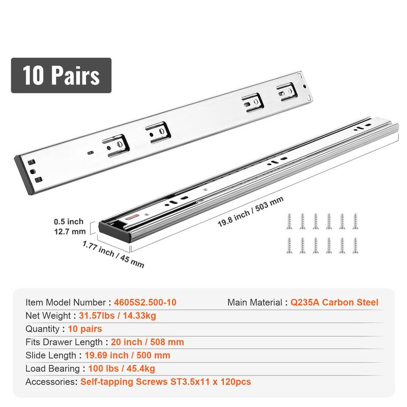 Drawer Slides Side Mount Rails Heavy Duty Full Extension Steel Track