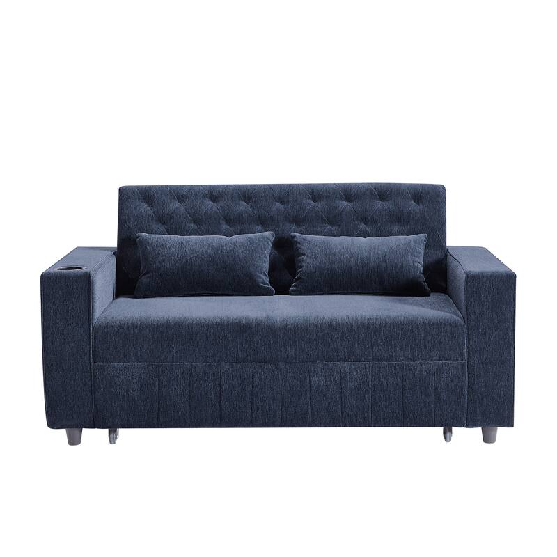 Chenille Pull-out Sofa Bed Convertible Couch, Loveseat Sofa with Adjustable Backrest, Storage Rack, Cup Holders, USB Ports