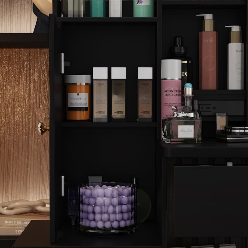 Makeup Vanity Set with Sliding Lighted Mirror & Stool - Hidden Shelves - 33"L x 15.7"W x 52.4"H