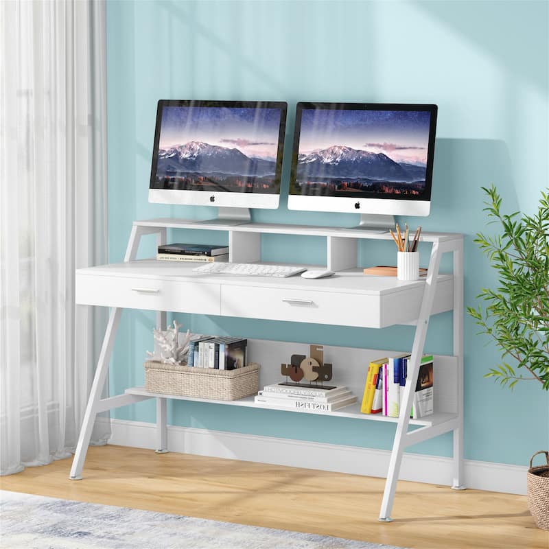 47 inch Computer Desk with Drawers, Office Writing Desk with Shelves - Full White