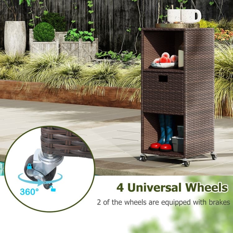 Mix Brown PE Rattan Outdoor Storage Cabinet with Metal Frame and Wheels - 16" x 16" x 39.5"