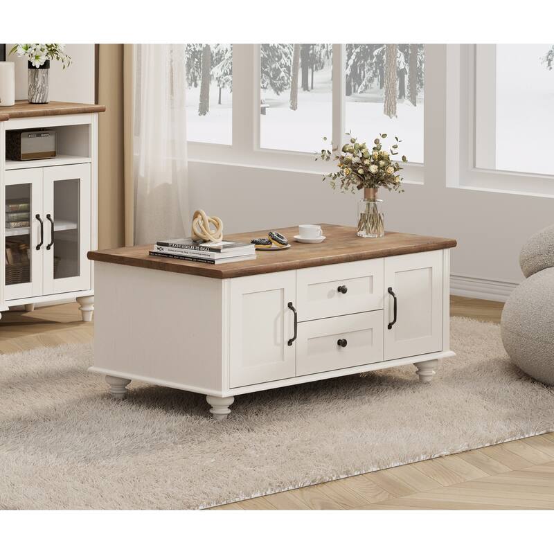 Light Wood Coffee Table with Drawer & Cabinet, Rustic Center Table - Off White