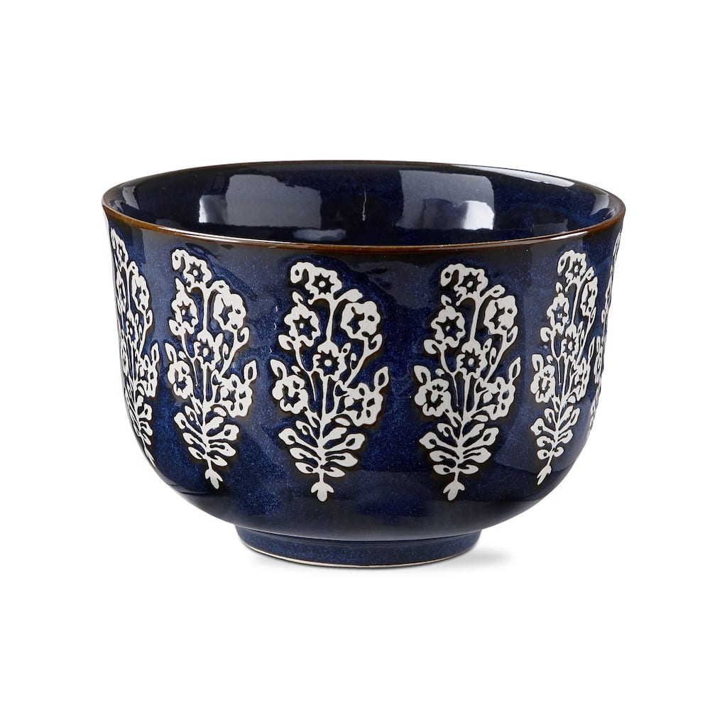 Cottage Blue Block Print Reactive Glazed Stoneare Dinner Serve, 84 oz. Bowl,