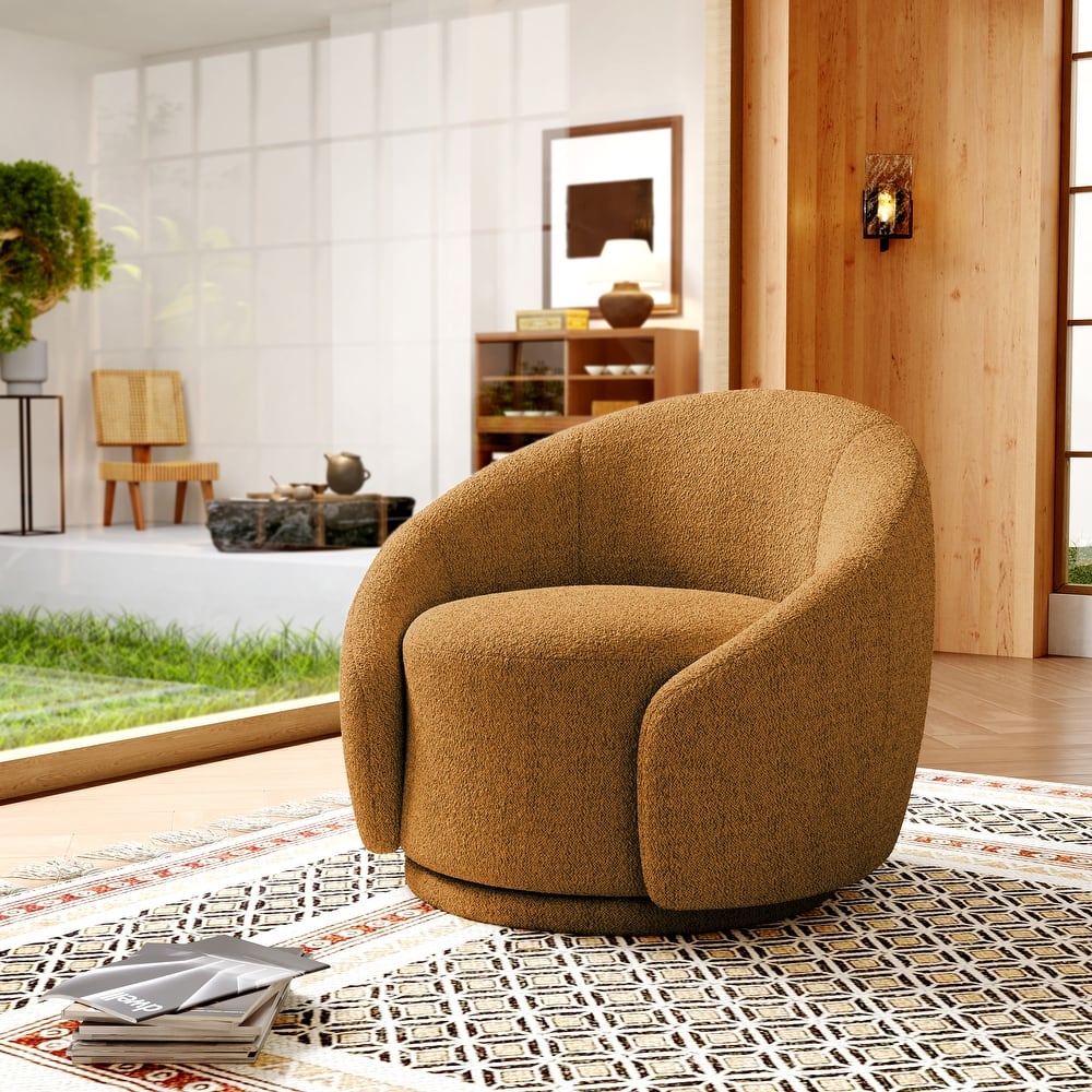 Boucle Barrel Chair Upholstered 360°Swivel Armchair