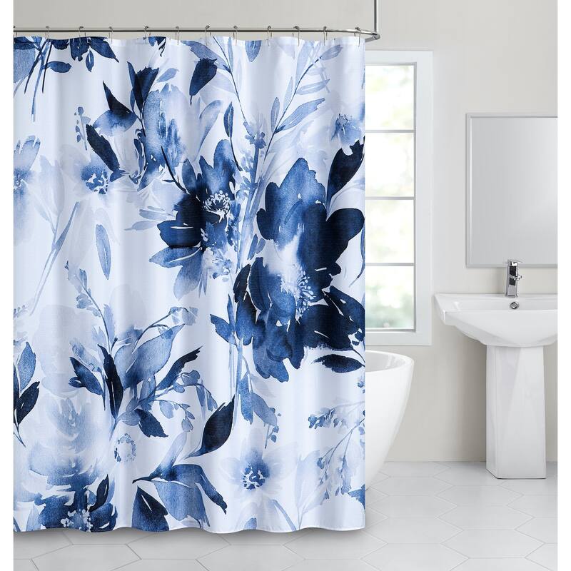 Dainty Home Blue Florals Printed Fabric 3D Designed Textured Fabric Shower Curtain 70" x 72"
