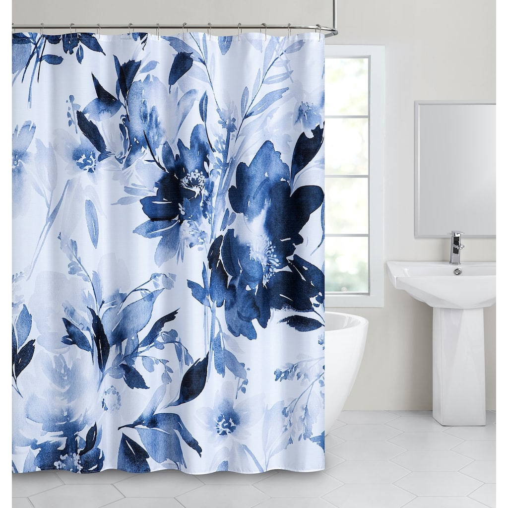Dainty Home Blue Florals Printed Fabric 3D Designed Textured Fabric Shower Curtain 70" x 72"