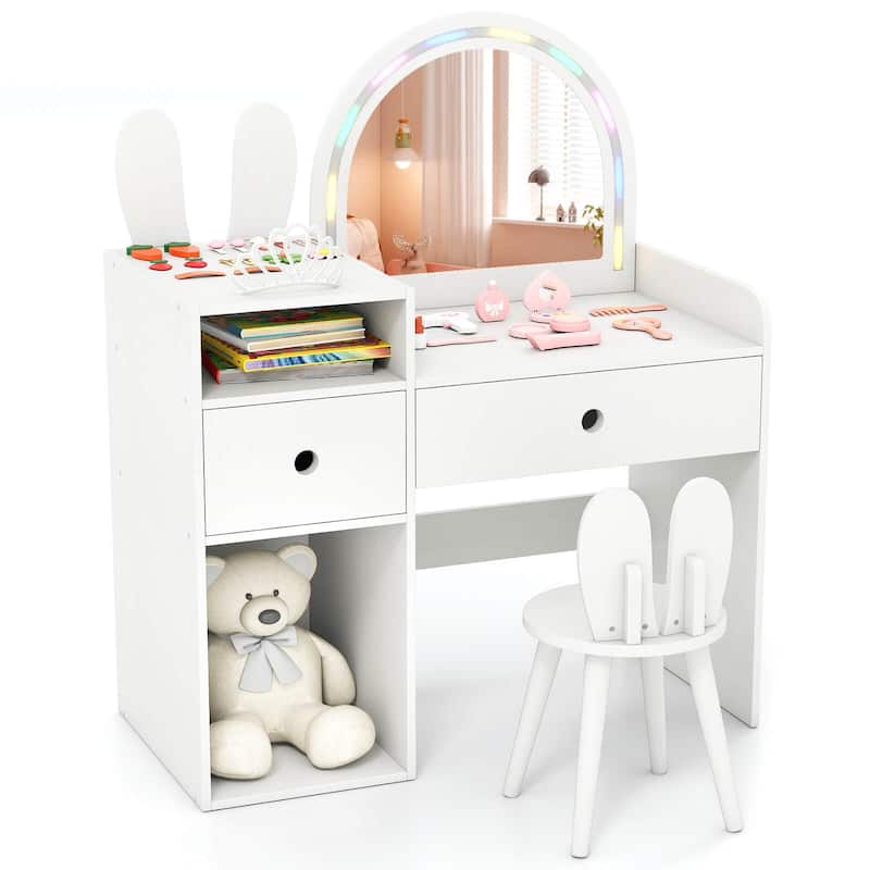 Costway Princess Bunny Makeup Table with Lighted Mirror, Open Shelves - See Details