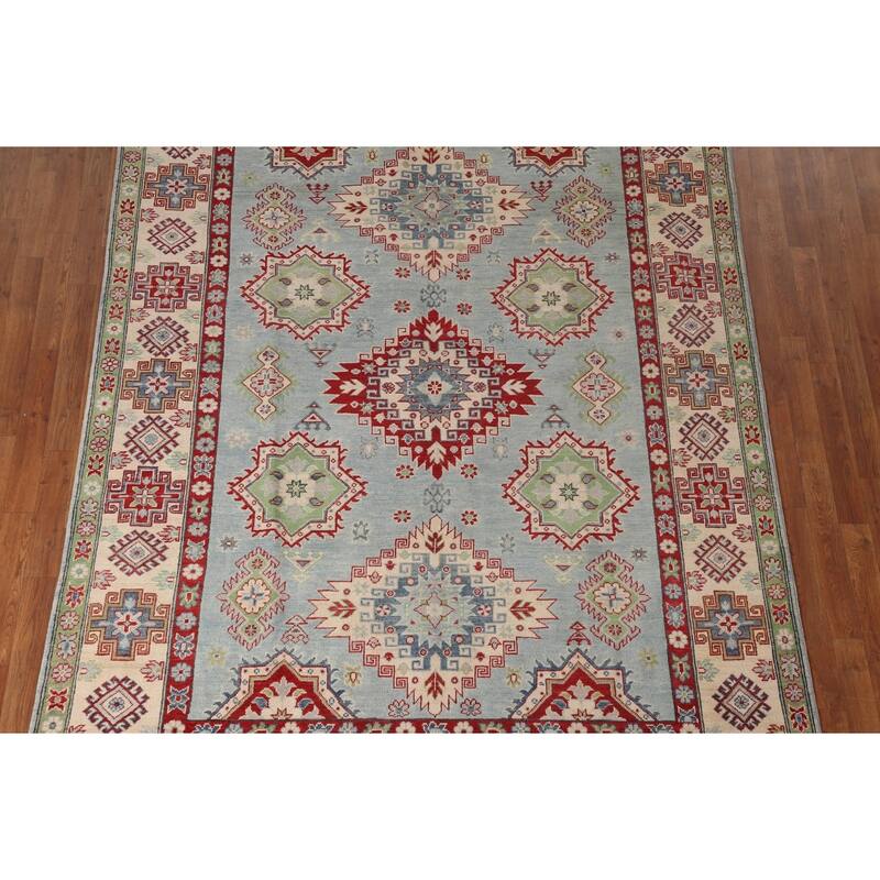 Light Blue Traditional Kazak Area Rug Hand-Knotted Wool Carpet - 6'9" x 9'4"