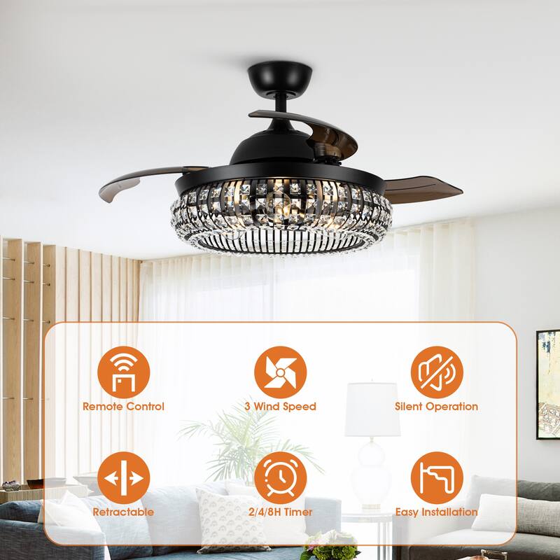 Modern 3-Blade Matte Black Crystal Caged Retractable Ceiling Fan with Remote and Light Kit - 41.73-in W x 16.2-in H