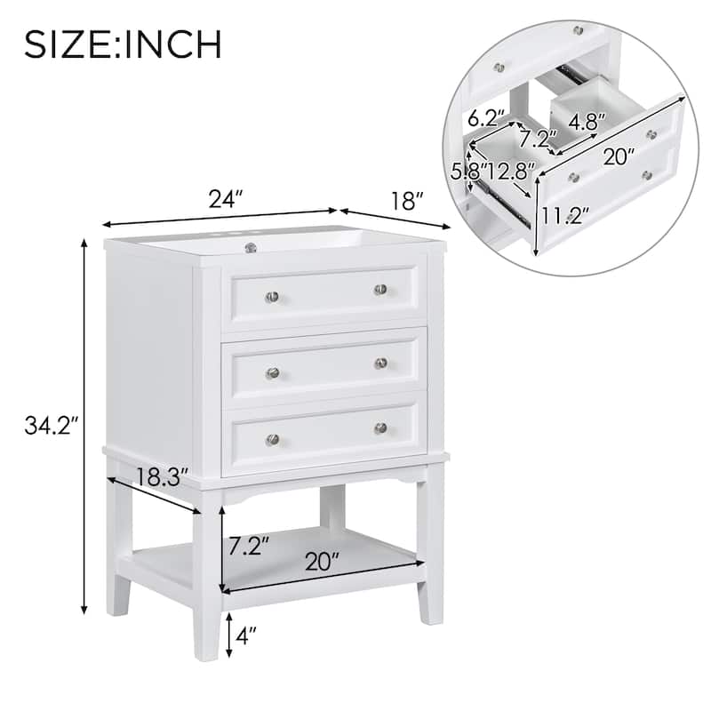 Roomfitters 24" Bathroom Vanity with Sink, Storage Cabinet with Drawer, Open Shelf, Solid Wood Frame, White