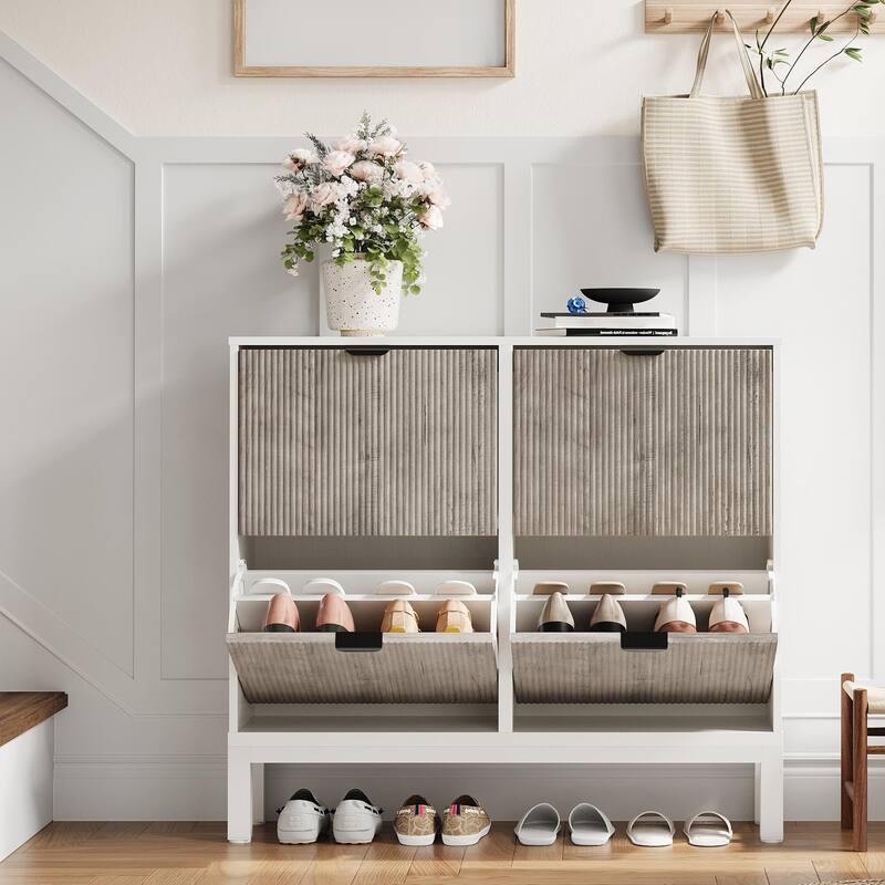 4-Door Farmhouse Shoe Storage Cabinet with Adjustable Shelves - Gray