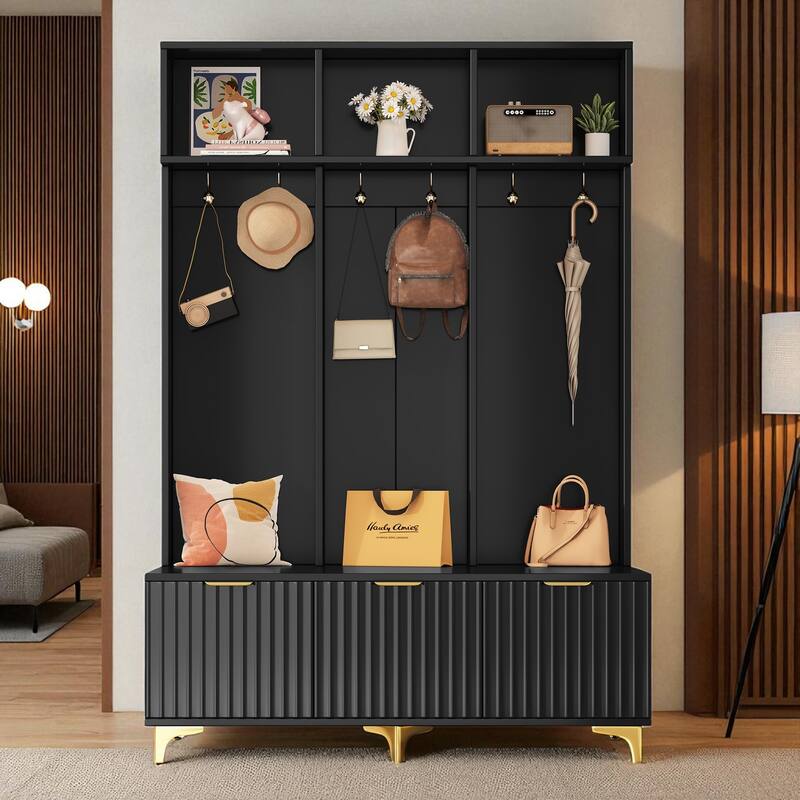 Modern Hall Tree with High Gloss Fluted Doors, Bench, 6 Gold Hooks, Metal Legs, Entryway Organizer 49.6 x 15.7 x 75.4 in - Black