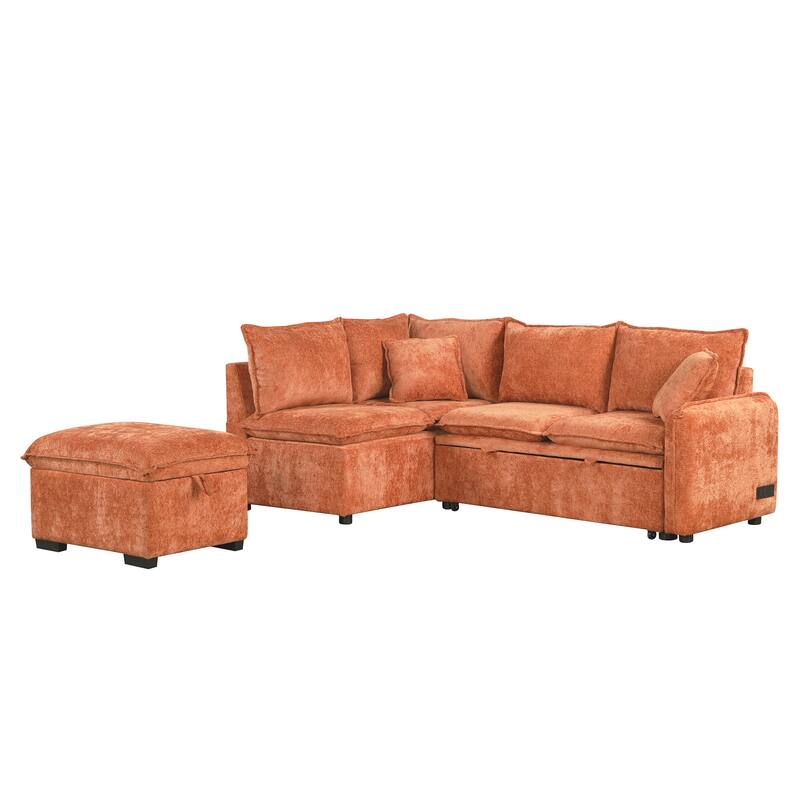 Orange 82.67" L-Shaped 5-Seat Sofa with Pull-Out Bed and Storage Ottoman