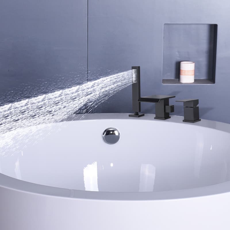 Deck Mounted Roman Tub Waterfall Faucet with Handshower in Matte Black