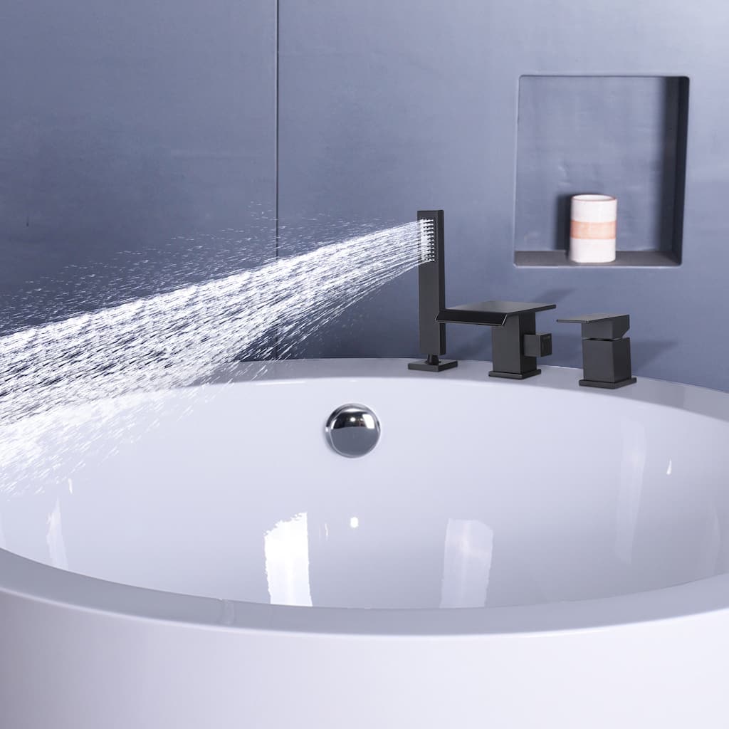 Deck Mounted Roman Tub Waterfall Faucet with Handshower in Matte Black