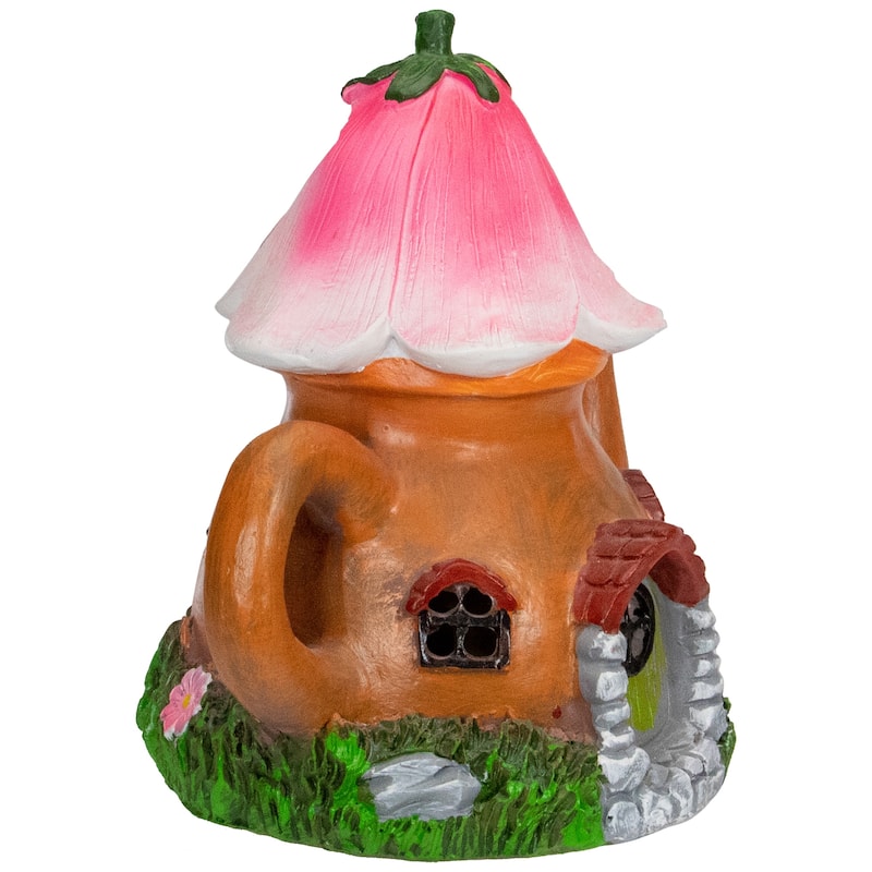 7" Solar Lighted Flower Teapot Outdoor Garden Statue