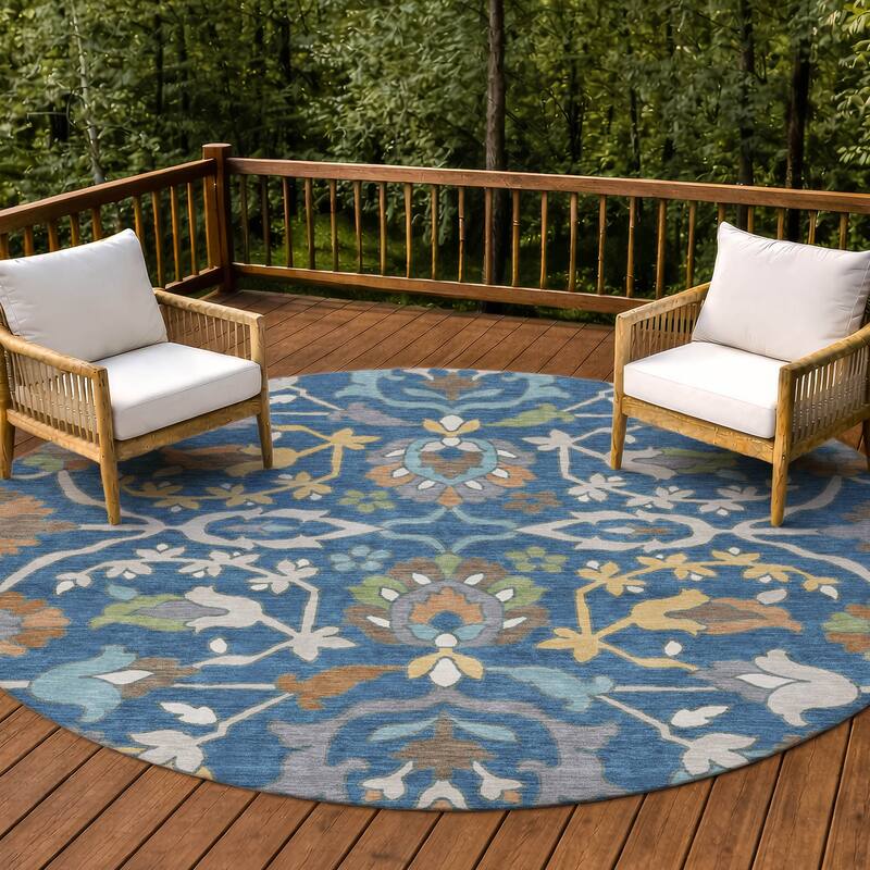 Machine Washable Indoor/ Outdoor Traditional Blanca Chantille Rug - Blue - 8' x 8'