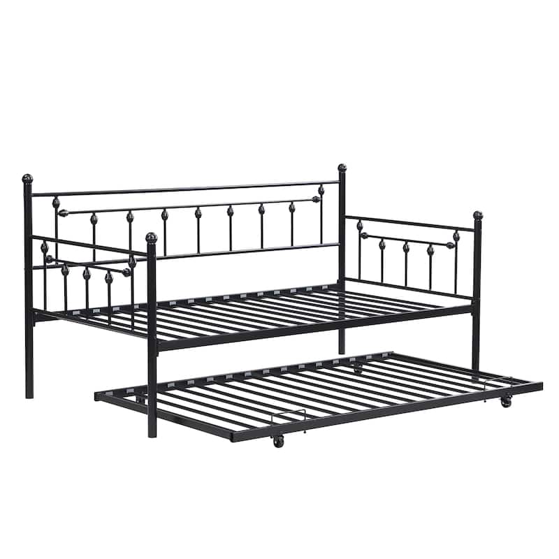 Black Twin Size Metal Daybed with trundle and Back for Kids, Boys, Girls and Bedroom