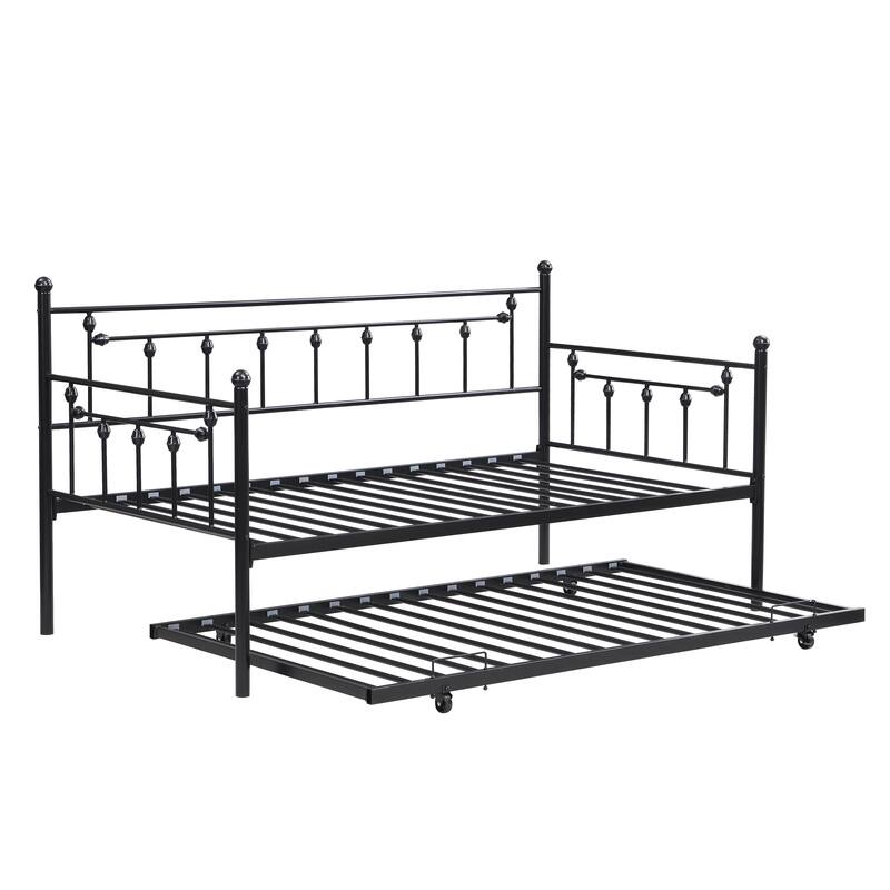Metal Daybed Frame with Trundle Twin Size Heavy Duty Steel Slats Support Platform Furniture