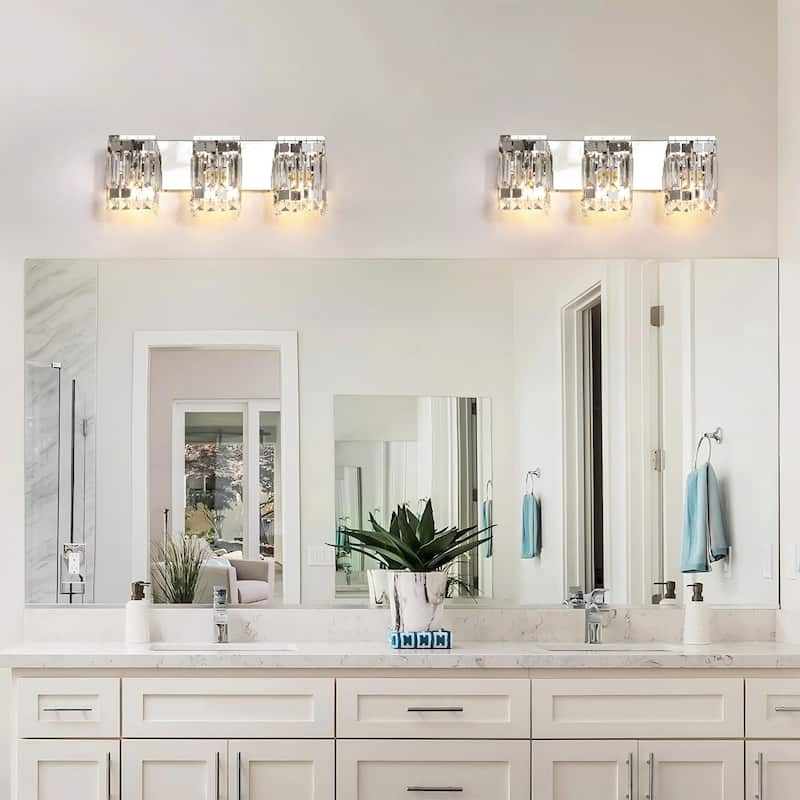 3-Light Modern Glam Chrome Finish Rectangle Crystal Bathroom Vanity Lights - 19.7 in. W x 5.1 in. D x 7.1 in. H