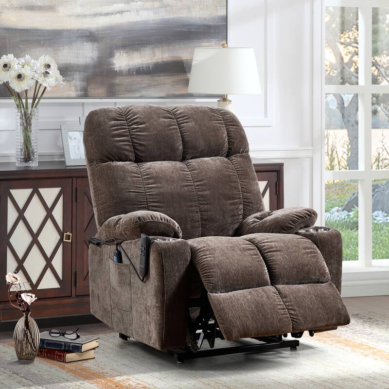 Electric Lift Recliner Sofa with Massage and Heating, 8 Vibrating Points, 1 Lumbar Heating Point, Adjustable Backrest Footrest - Brown