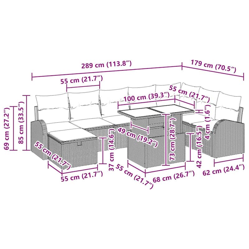 vidaXL 9 Garden Sofa Set with Cushions Black/Brown/Grey Poly Rattan - 113.8 x 70.5 x 27.2