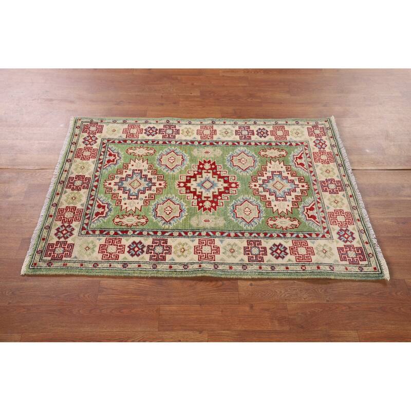 Light Green Geometric Kazak Oriental Accent Rug Handmade Wool Carpet - 2'7" x 3'10"