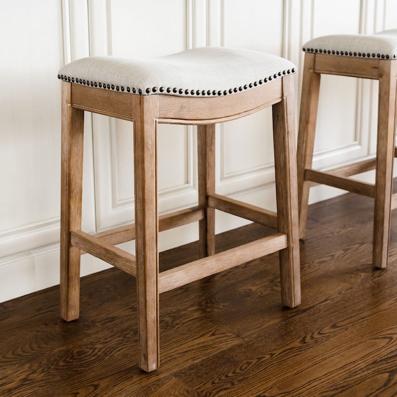 Maven Lane Adrien Backless Saddle Kitchen Counter Stool in Walnut Finish w/ Grey Fabric Upholstery