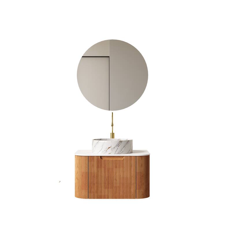 24" Bathroom Vanity, Floating Curved Edges Striped Storage Cabinet with Drawer, Glossy Stone White Round Ceramic Basin