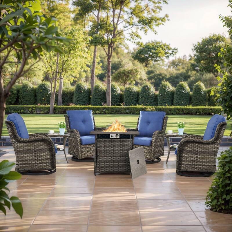 Pocassy Fire Pit Table with Sofa Swivel Chairs Set - Grey Wicker Blue Cushion - 7 Pieces Swivel Chair with Fire Table