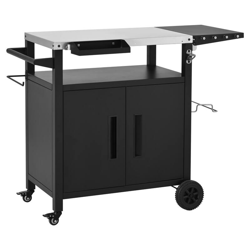 45" Metal Outdoor Grill Cart with Storage Cabinet, Outdoor Kitchen Island with Foldable Table on Wheels for BBQ