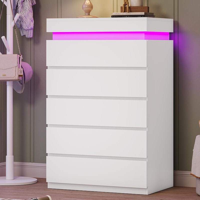 Bedroom Dresser Drawers with LED Light Power Outlet Chest of Drawer - 5 Drawers White - 5-drawer