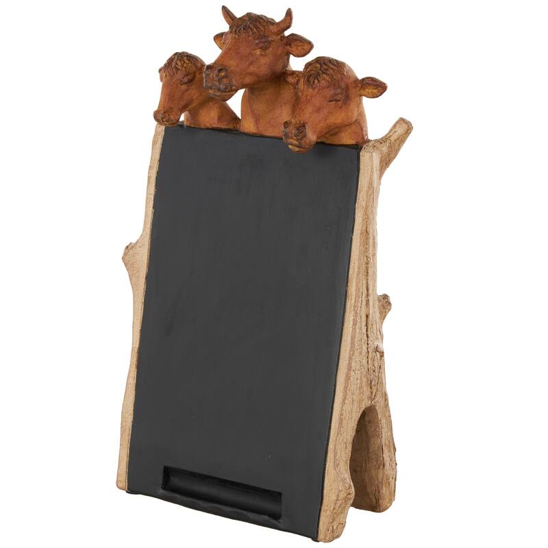 Black Polystone Chalkboard Cow Decorative Sign with Brown Tree Trunk Frame